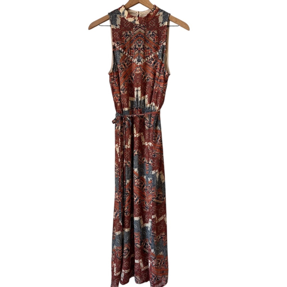 WAYF Medallion Print Maxi Dress Sz Md Red Blue Tie Waist Cut Outs Boho Hippie